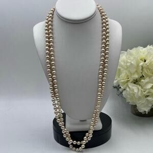 Joan Rivers Vintage Taupe Faux‎ Pearl Double Strand Necklace Pave Heart Clasp